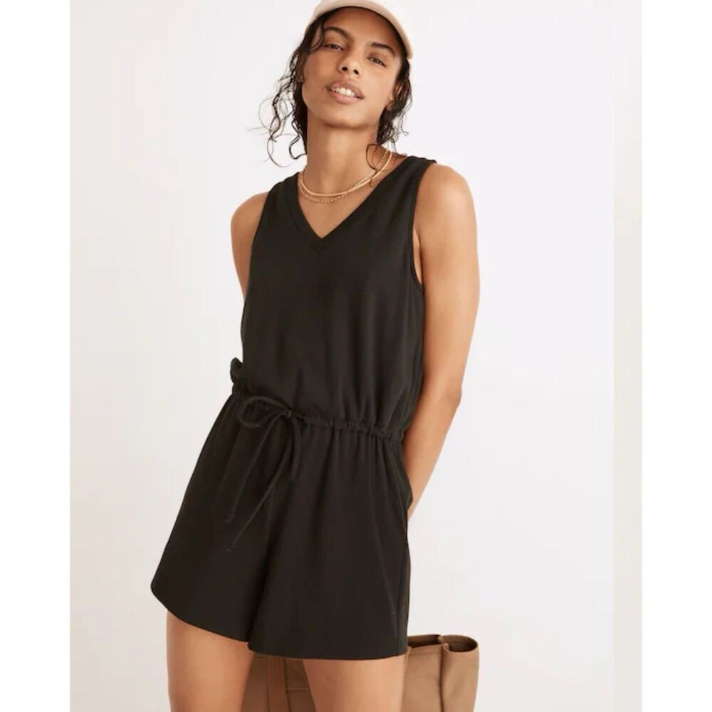 Madewell MWL NWT Large Breeze Drawstring Romper Shorts Black Tie Waist Womens